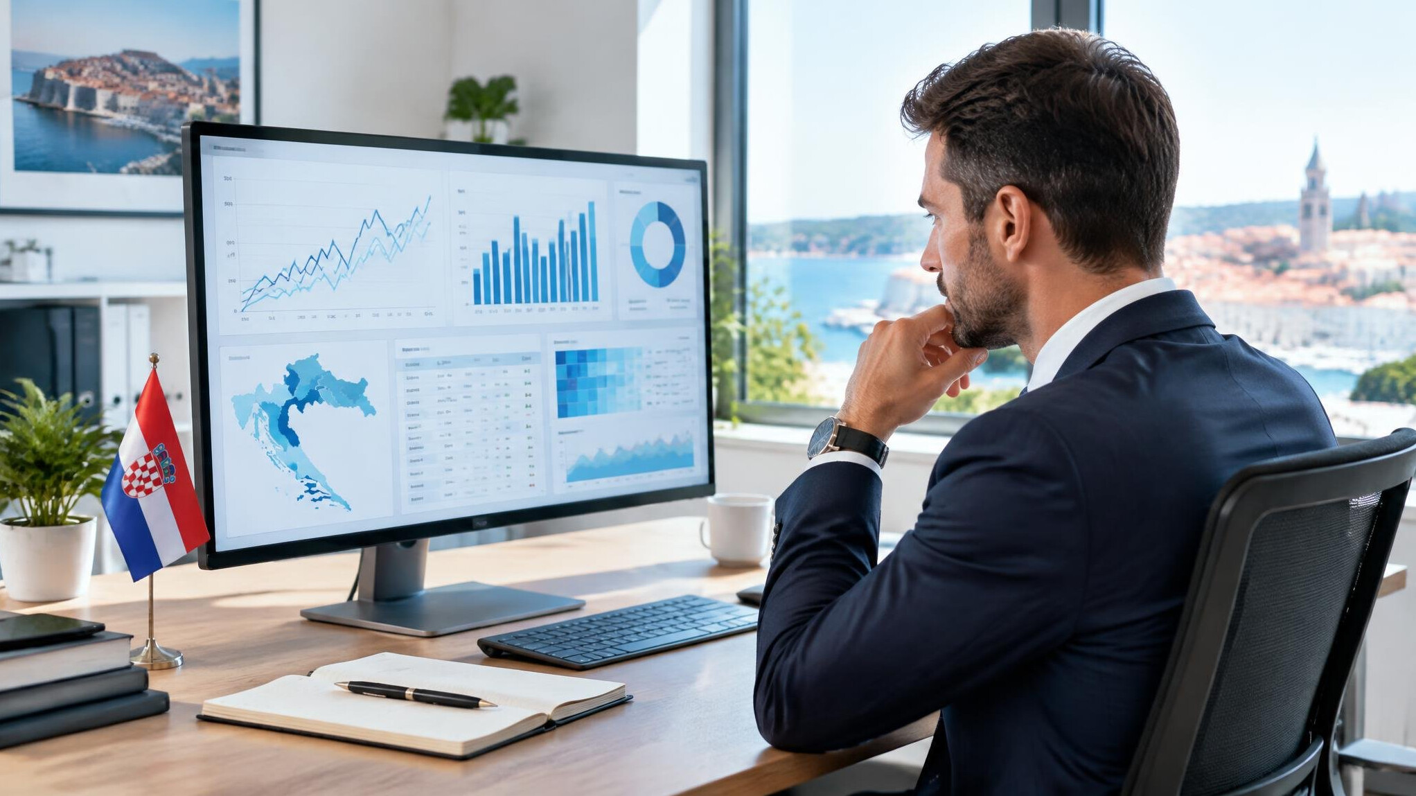Analyst reviewing data dashboards on multiple screens in a modern office