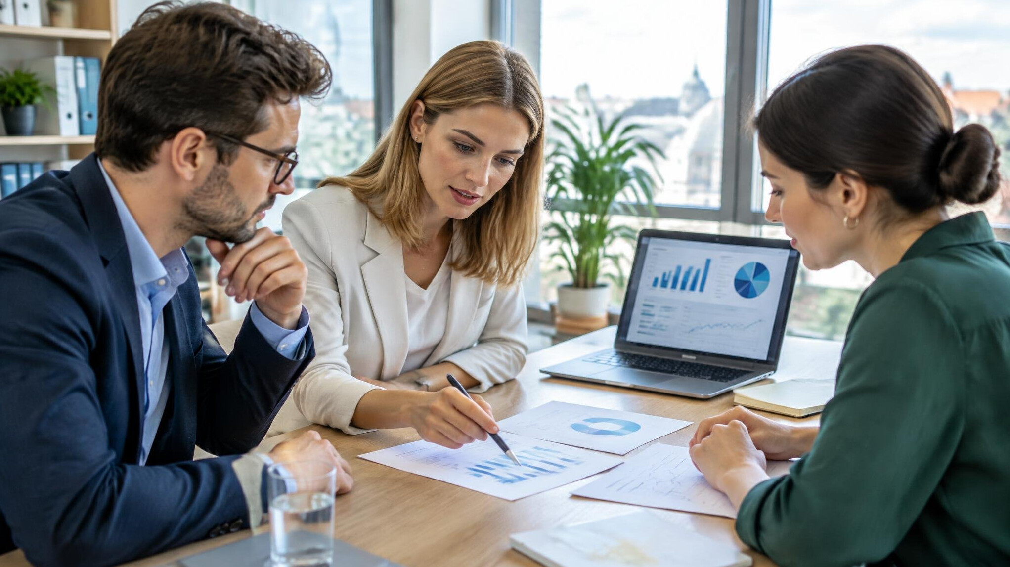 Team discussing charts and documents around a table