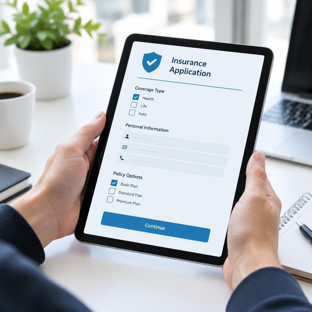 Hands holding a tablet showing a digital document form
