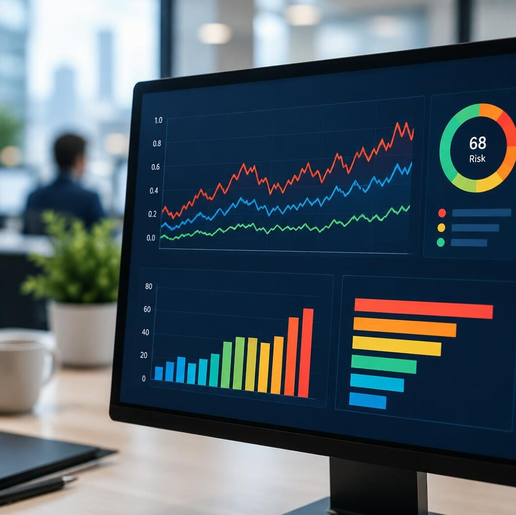 Close-up of a computer screen showing colorful line charts